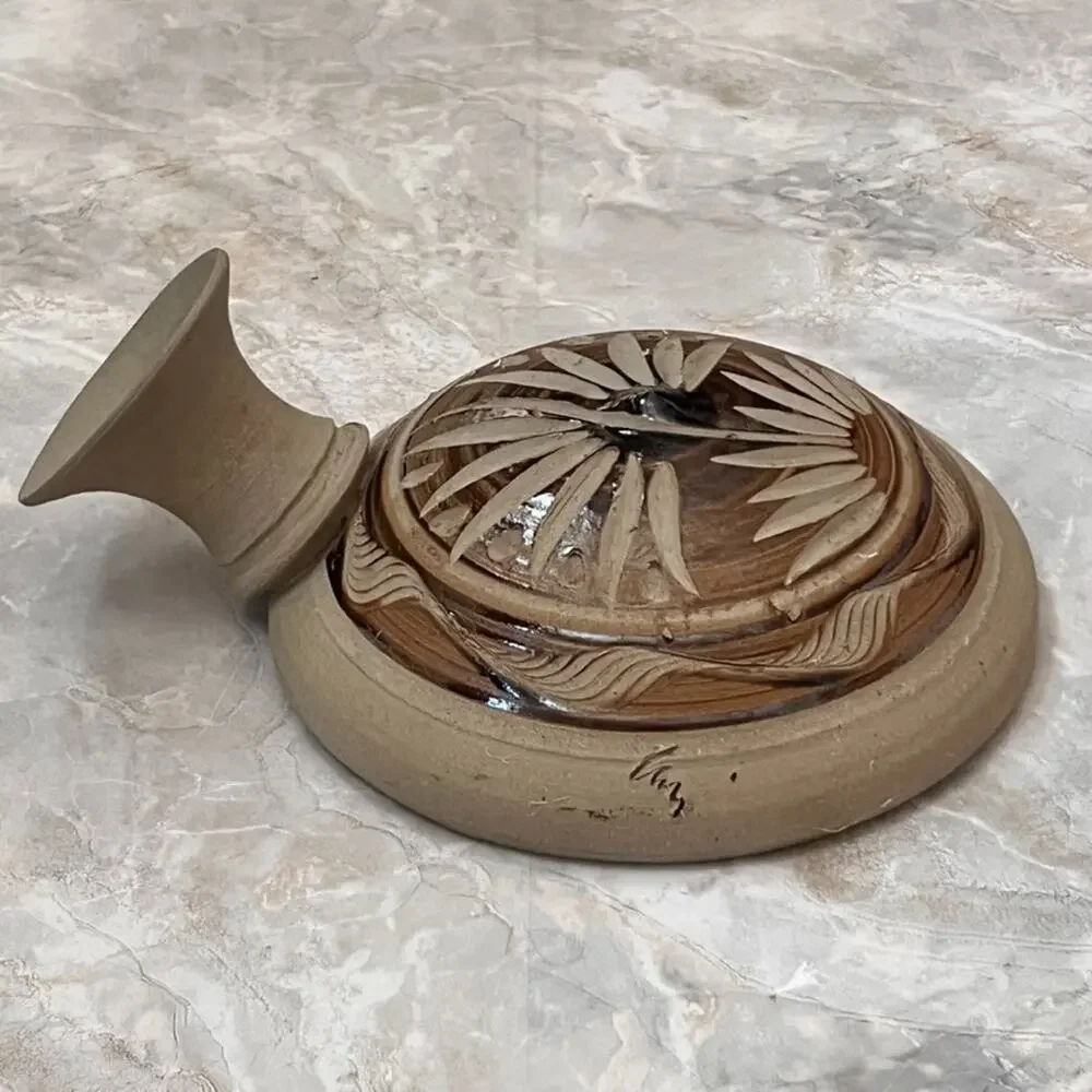 Sandstone Pottery Flat Water Vase Vessel Brown Signed
